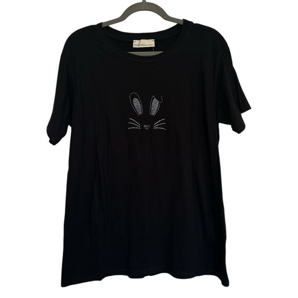 Rhinestone Bling Easter Bunny T-Shirt Short Sleeve Black Tee NEW Sparkly! - Picture 2 of 4